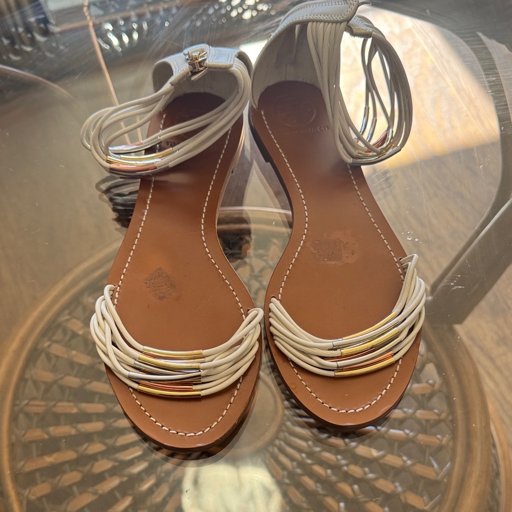 Tory Burch White Leather Ankle-Wrap Flat Sandals with Gold & Silver Accents